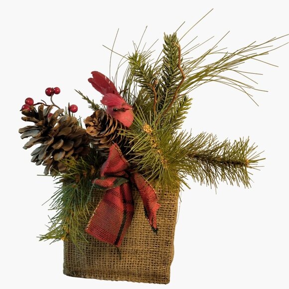 Rustic Burlap Christmas Evergreen Centerpiece Cardinal Pinecones Winter Decor - Picture 3 of 11